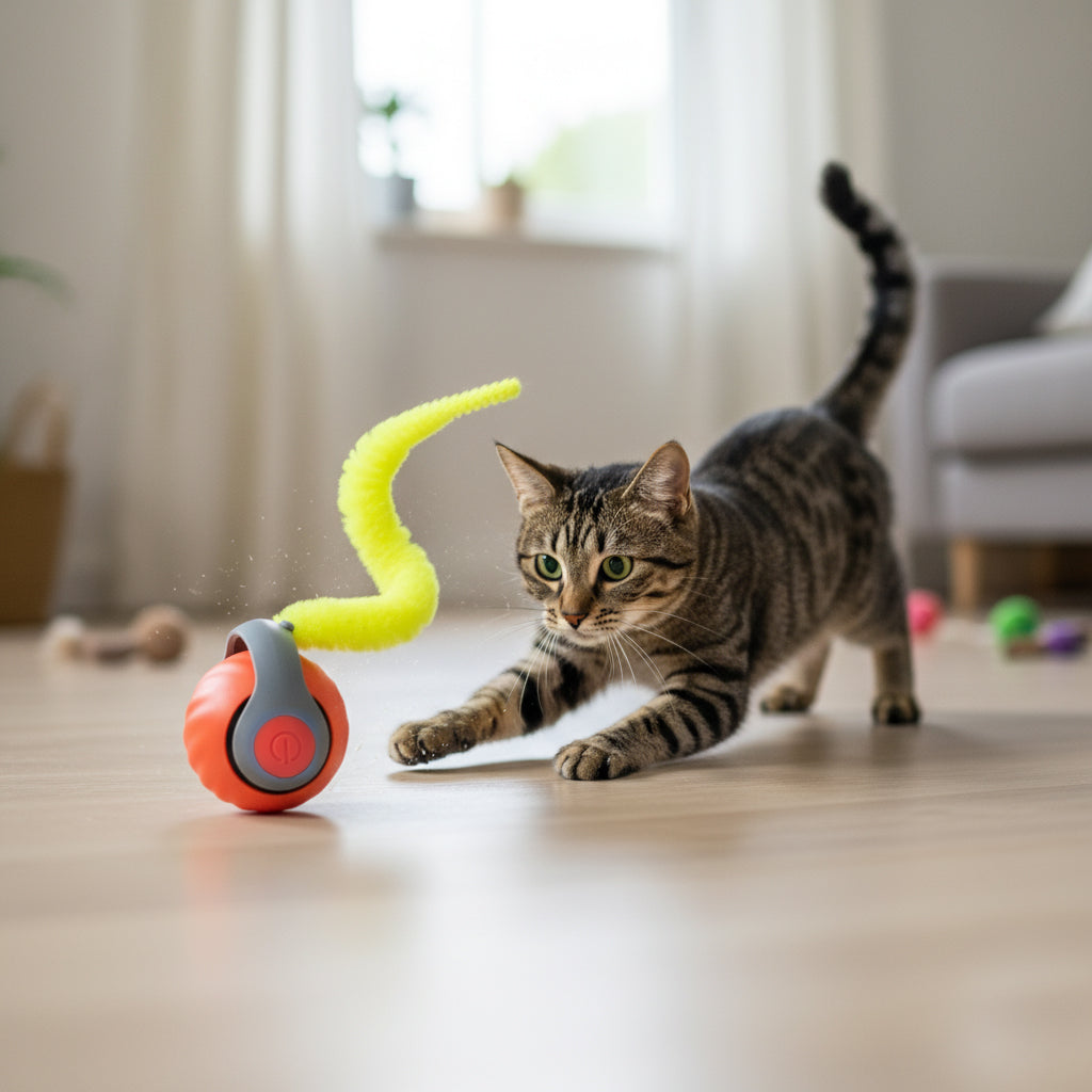 Hubspet Hareketli Kedi Topu | İnteraktif, Şarjlı, Sensörlü, Peluş Kuyruklu Kedi Oyun Topu (Turuncu-H120)