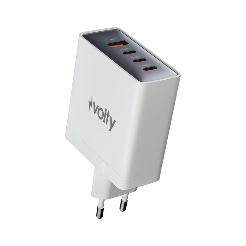 Volty Hızlı Şarj Adaptörü 100W GaN + Type-C Kablo 100W PD | 4 Port, iPhone & Samsung Uyumlu (Beyaz-V0102014)