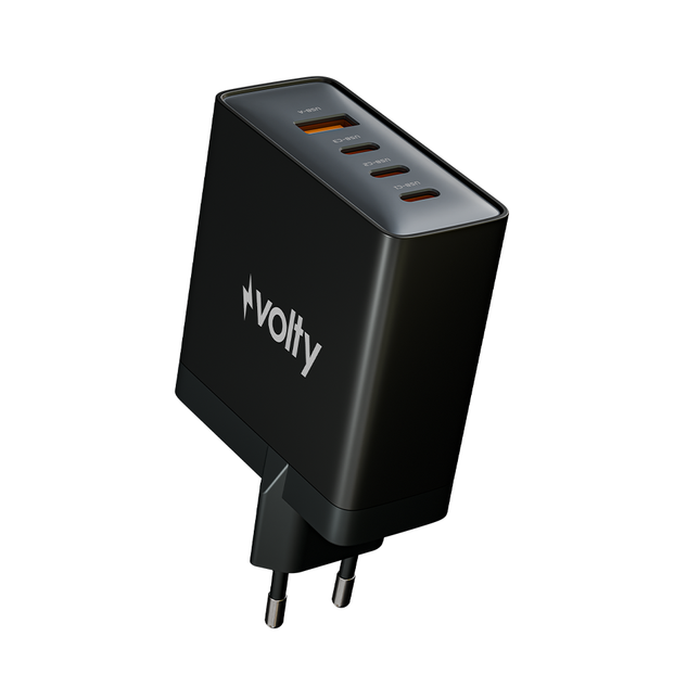 Volty Hızlı Şarj Adaptörü 100W GaN + Type-C Kablo 100W PD | 4 Port, iPhone & Samsung Uyumlu (Siyah-V0102015)