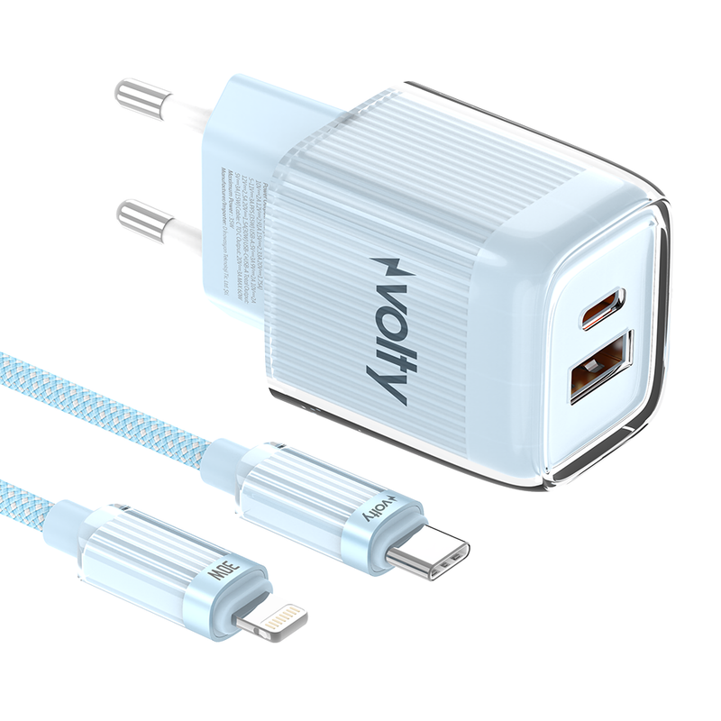 Volty Hızlı Şarj Adaptörü 35W GaN + iPhone Kablo 30W PD | USB-C & USB-A, Tablet & Telefon (Mavi-V0102018)