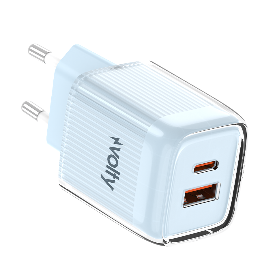 Volty Hızlı Şarj Adaptörü 35W GaN + iPhone Kablo 30W PD | USB-C & USB-A, Tablet & Telefon (Mavi-V0102018)