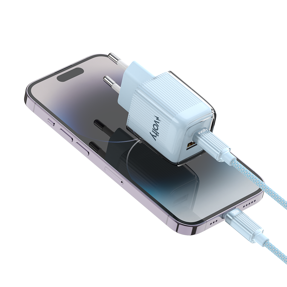 Volty Hızlı Şarj Adaptörü 35W GaN + iPhone Kablo 30W PD | USB-C & USB-A, Tablet & Telefon (Mavi-V0102018)