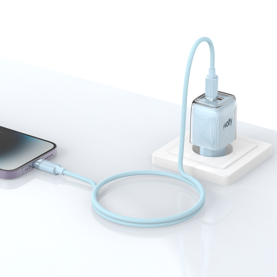 Volty Hızlı Şarj Adaptörü 35W GaN + iPhone Kablo 30W PD | USB-C & USB-A, Tablet & Telefon (Mavi-V0102018)