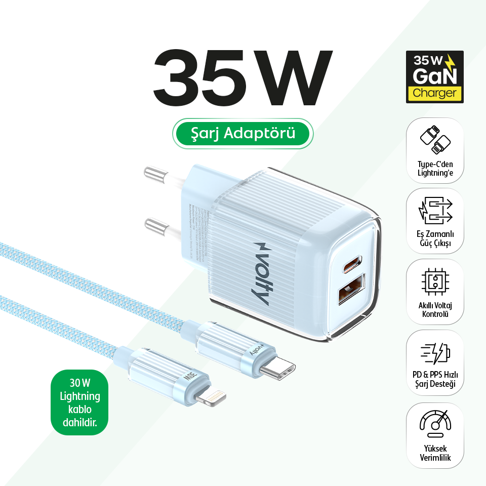 Volty Hızlı Şarj Adaptörü 35W GaN + iPhone Kablo 30W PD | USB-C & USB-A, Tablet & Telefon (Mavi-V0102018)