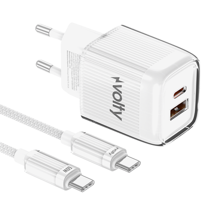 Volty Hızlı Şarj Adaptörü 35W GaN + Type-C Kablo 60W PD | USB-C & USB-A, Laptop & Telefon (Beyaz-V0102020)