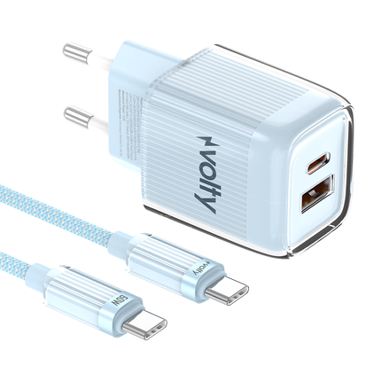 "Volty Hızlı Şarj Adaptörü 35W GaN + Type-C Kablo 60W PD | USB-C & USB-A, Laptop & Telefon (Mavi-V0102021) "