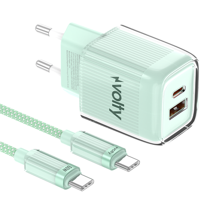 Volty Hızlı Şarj Adaptörü 35W GaN + Type-C Kablo 60W PD | USB-C & USB-A, Laptop & Telefon (Yeşil-V0102022)