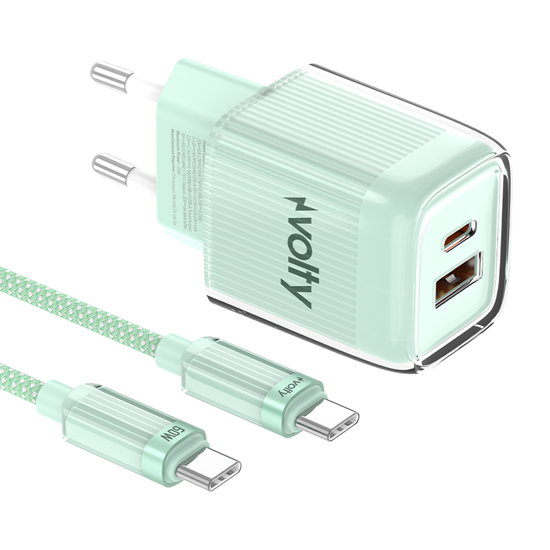 Volty Hızlı Şarj Adaptörü 35W GaN + Type-C Kablo 60W PD | USB-C & USB-A, Laptop & Telefon (Yeşil-V0102022)