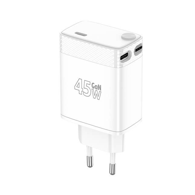 Volty Hızlı Şarj Adaptörü | 45W PD GaN, Geri Çekilebilir USB-C Kablolu, 2 Port, Laptop Uyumlu (V0102023)