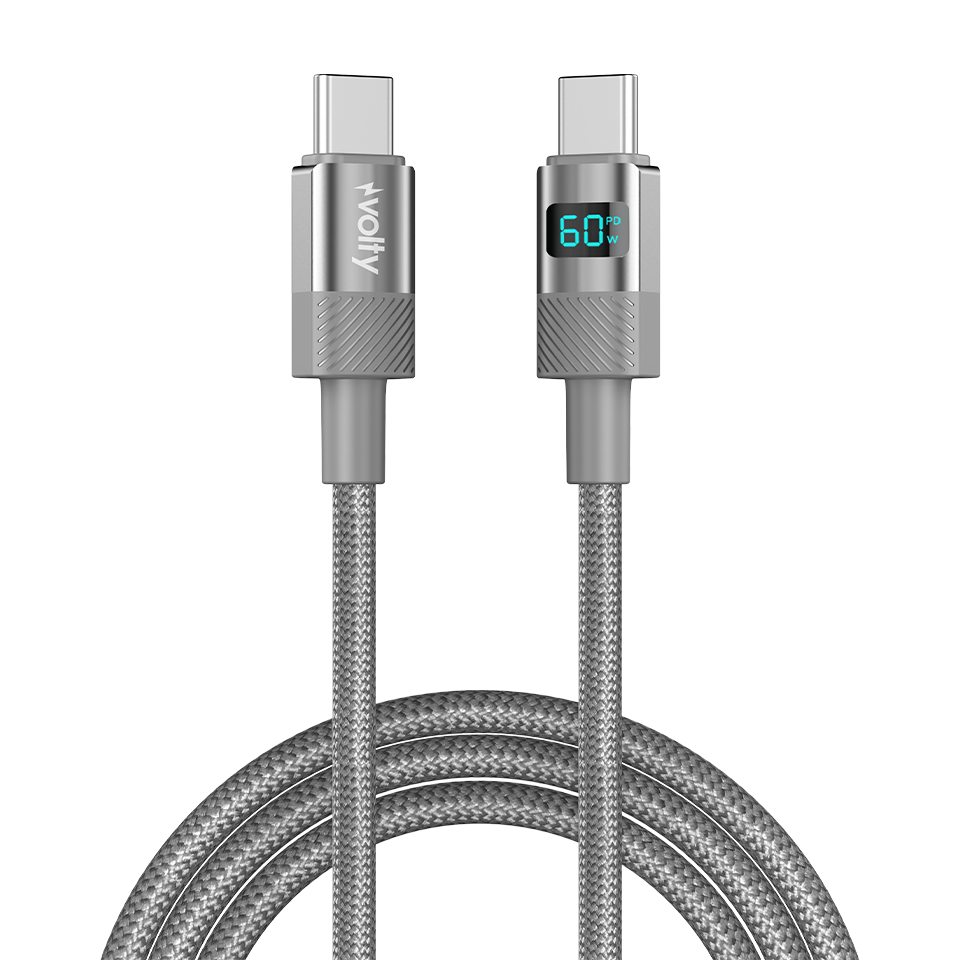 Volty Type-C to Type-C Hızlı Şarj Kablosu | 60W PD, 480 Mbps, 1.2m, Dijital Ekran (Gri-V0201006)