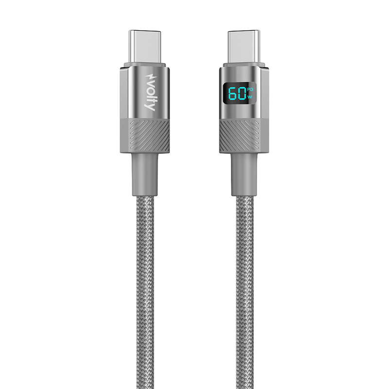 Volty Type-C to Type-C Hızlı Şarj Kablosu | 60W PD, 480 Mbps, 1.2m, Dijital Ekran (Gri-V0201006)