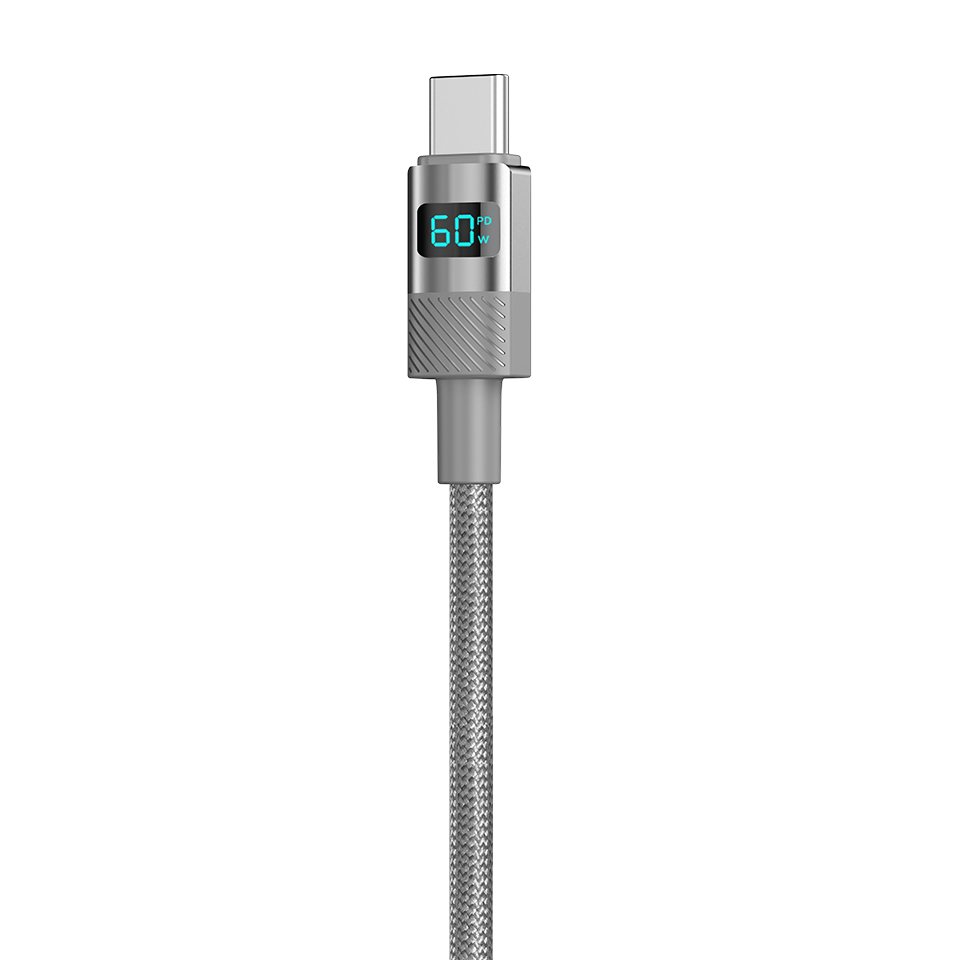 Volty Type-C to Type-C Hızlı Şarj Kablosu | 60W PD, 480 Mbps, 1.2m, Dijital Ekran (Gri-V0201006)