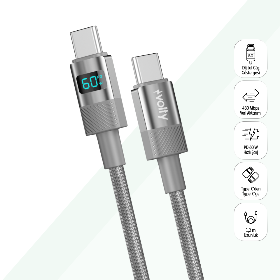 Volty Type-C to Type-C Hızlı Şarj Kablosu | 60W PD, 480 Mbps, 1.2m, Dijital Ekran (Gri-V0201006)