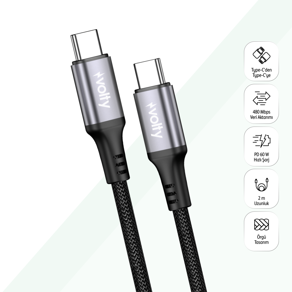 Volty Volty Type-C to Type-C Hızlı Şarj Kablosu | 60W PD, 480Mbps, 2m, Led Gösterge, Örgü (Siyah-V0201010)