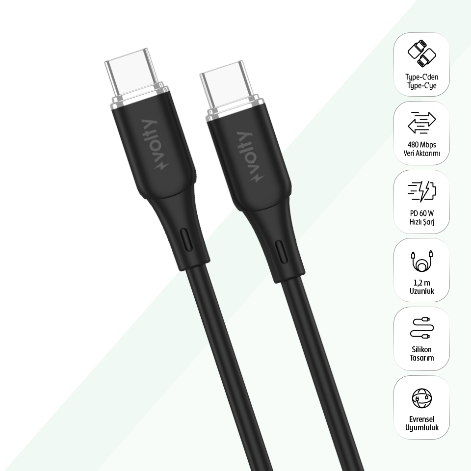 Volty Type-C to Type-C Hızlı Şarj Kablosu | 60W PD, 480Mbps, 1.2m, Laptop & Tablet Uyumlu (Siyah-V0201012)