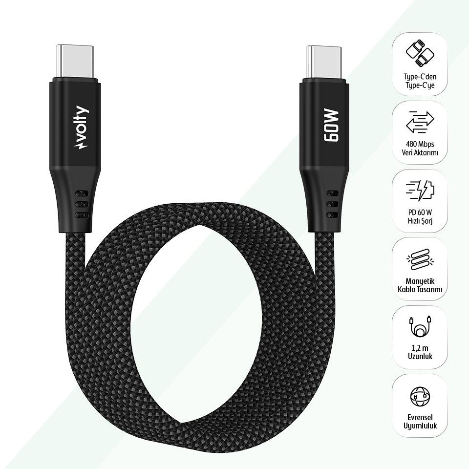 Volty Type-C to Type-C Hızlı Şarj Kablosu | 60W PD, 480Mbps, 1.2m, Manyetik Örgü (V0201013)