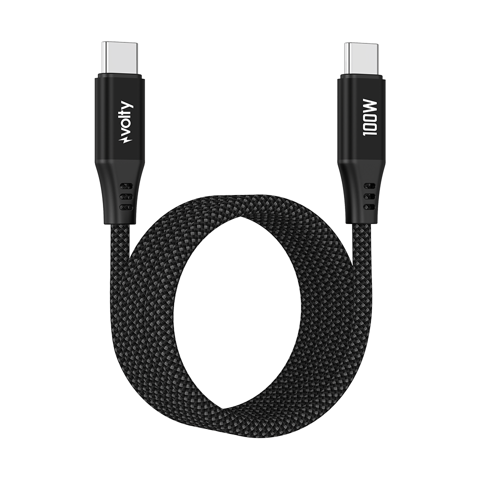 Volty Type-C to Type-C Hızlı Şarj Kablosu | 100W PD, 480Mbps, 1.2m, Manyetik Örgü (Siyah-V0201014)