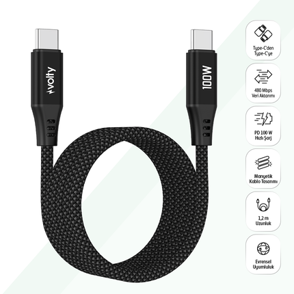 100W 1.2m USB-C Kablo
