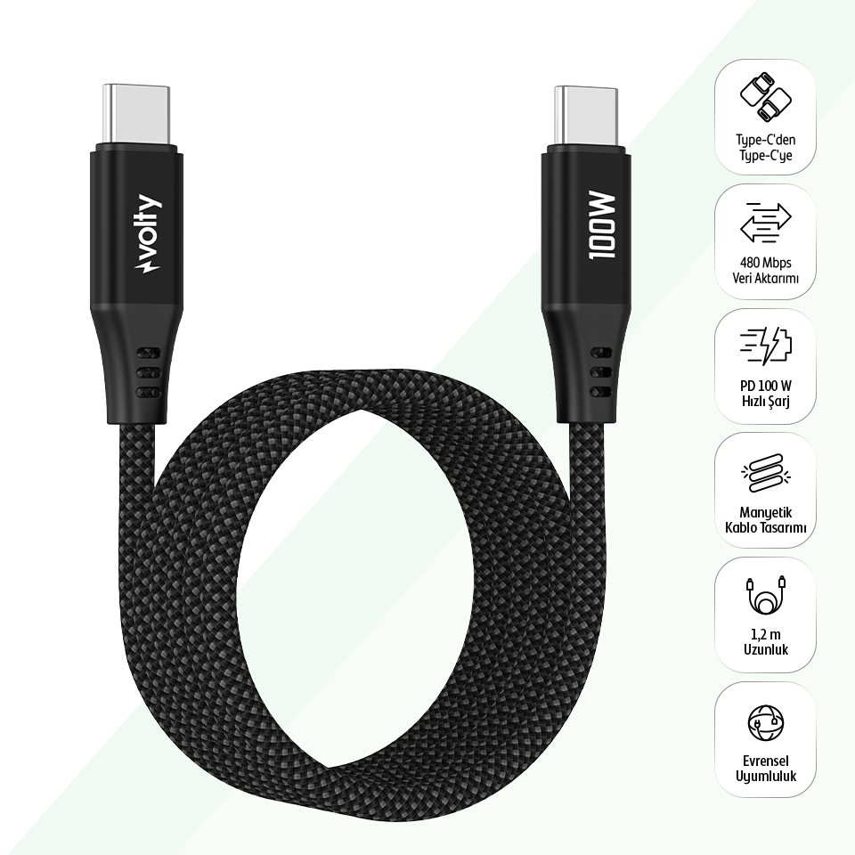 Volty Type-C to Type-C Hızlı Şarj Kablosu | 100W PD, 480Mbps, 1.2m, Manyetik Örgü (Siyah-V0201014)