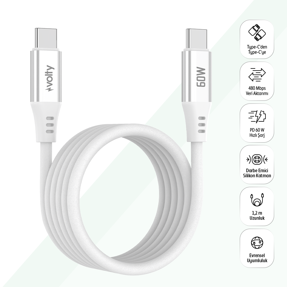Volty Type-C to Type-C Hızlı Şarj Kablosu | 60W PD, Ultra Esnek Silikon, 480Mbps, 1.2m (Beyaz-V0201015)