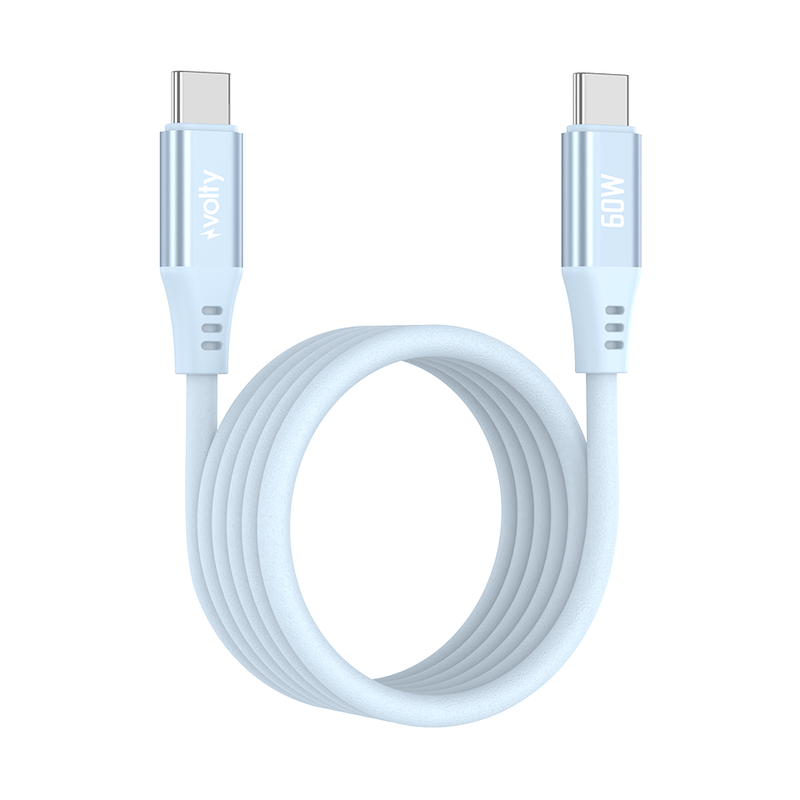 Volty Type-C to Type-C Hızlı Şarj Kablosu | 60W PD, Ultra Esnek Silikon, 480Mbps, 1.2m (Mavi-V0201016)