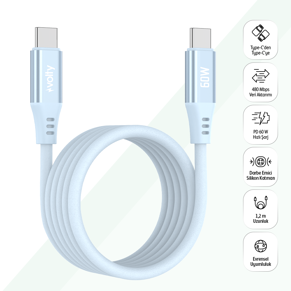 Volty Type-C to Type-C Hızlı Şarj Kablosu | 60W PD, Ultra Esnek Silikon, 480Mbps, 1.2m (Mavi-V0201016)