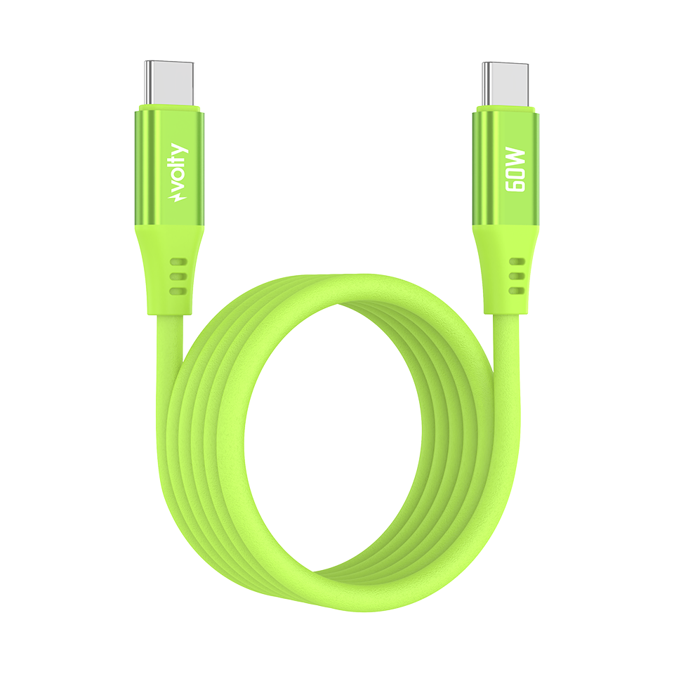 Volty Type-C to Type-C Hızlı Şarj Kablosu | 60W PD, Ultra Esnek Silikon, 480Mbps, 1.2m (Yeşil-V0201017)