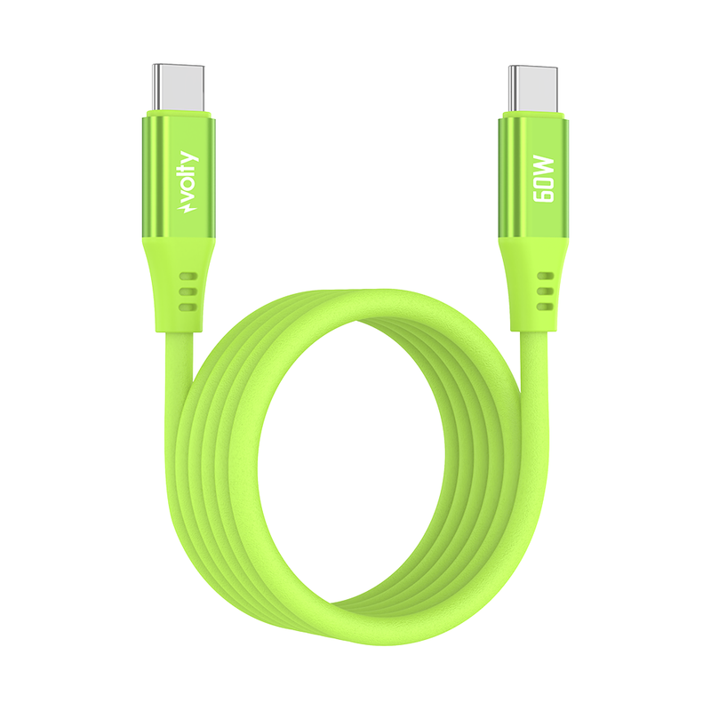 Volty Type-C to Type-C Hızlı Şarj Kablosu | 60W PD, Ultra Esnek Silikon, 480Mbps, 1.2m (Yeşil-V0201017)