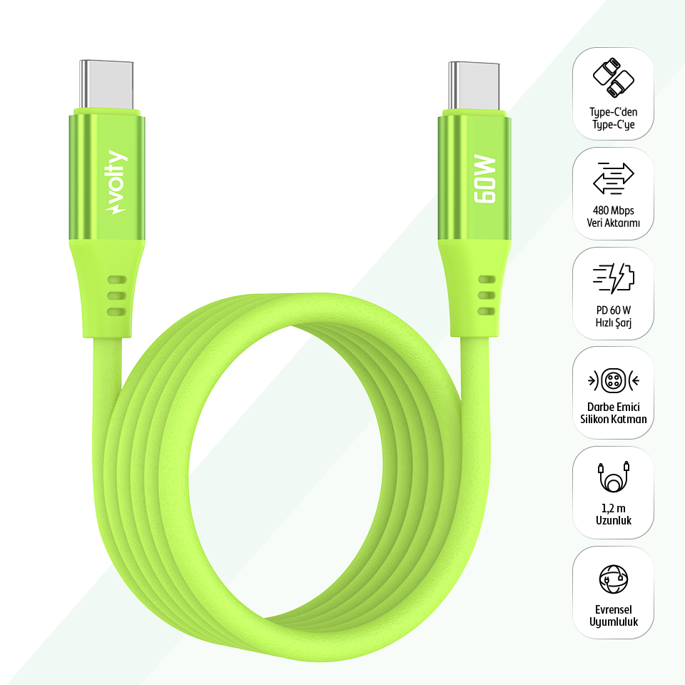 Volty Type-C to Type-C Hızlı Şarj Kablosu | 60W PD, Ultra Esnek Silikon, 480Mbps, 1.2m (Yeşil-V0201017)