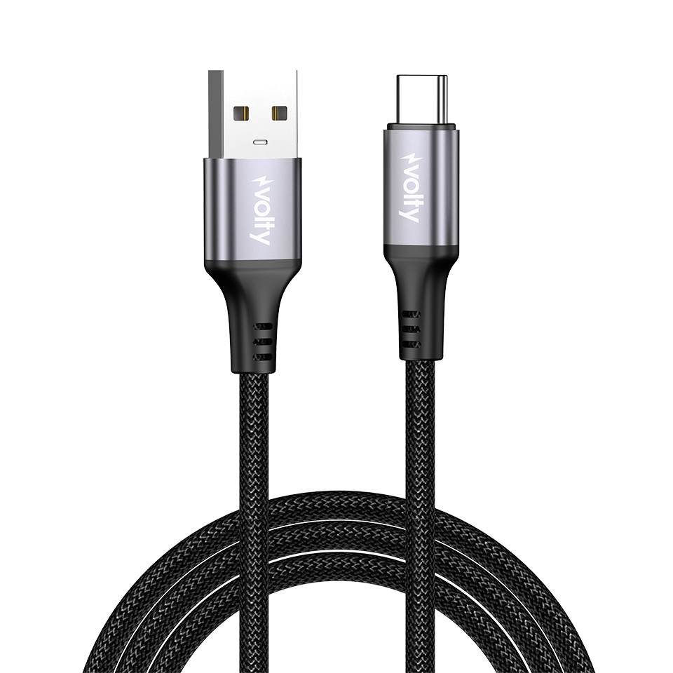 Volty USB-A to Type-C Hızlı Şarj Kablosu | 18W, 480Mbps, 1.2m, Dayanıklı Örgü (Siyah-V0203001)