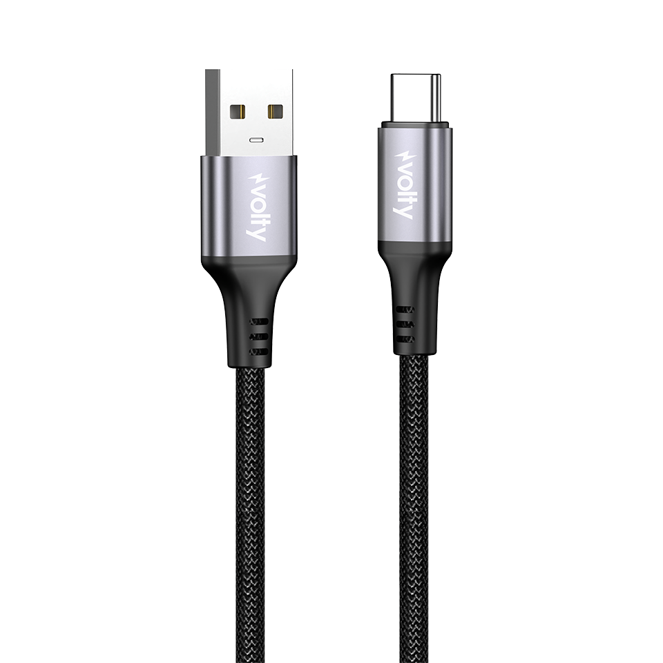 Volty USB-A to Type-C Hızlı Şarj Kablosu | 18W, 480Mbps, 1.2m, Dayanıklı Örgü (Siyah-V0203001)