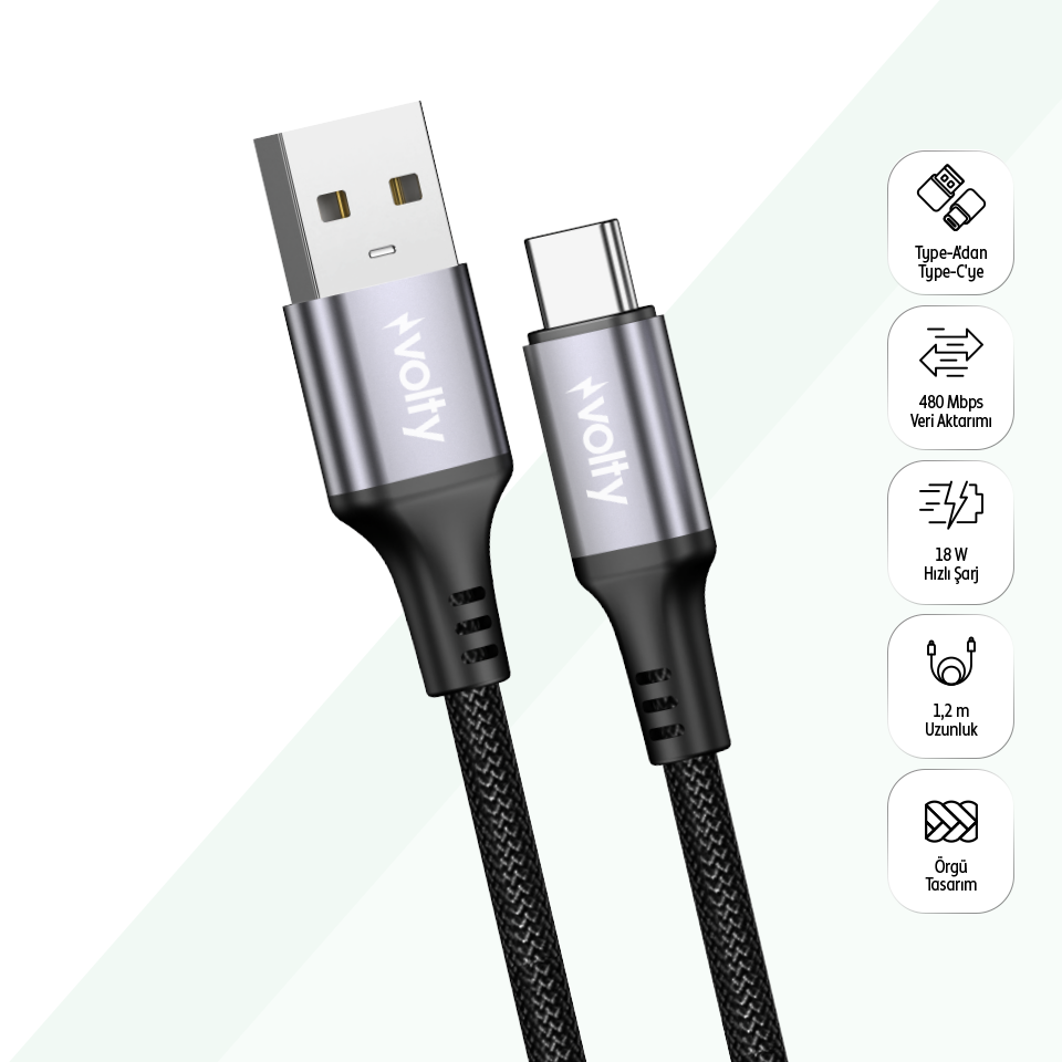 Volty USB-A to Type-C Hızlı Şarj Kablosu | 18W, 480Mbps, 1.2m, Dayanıklı Örgü (Siyah-V0203001)