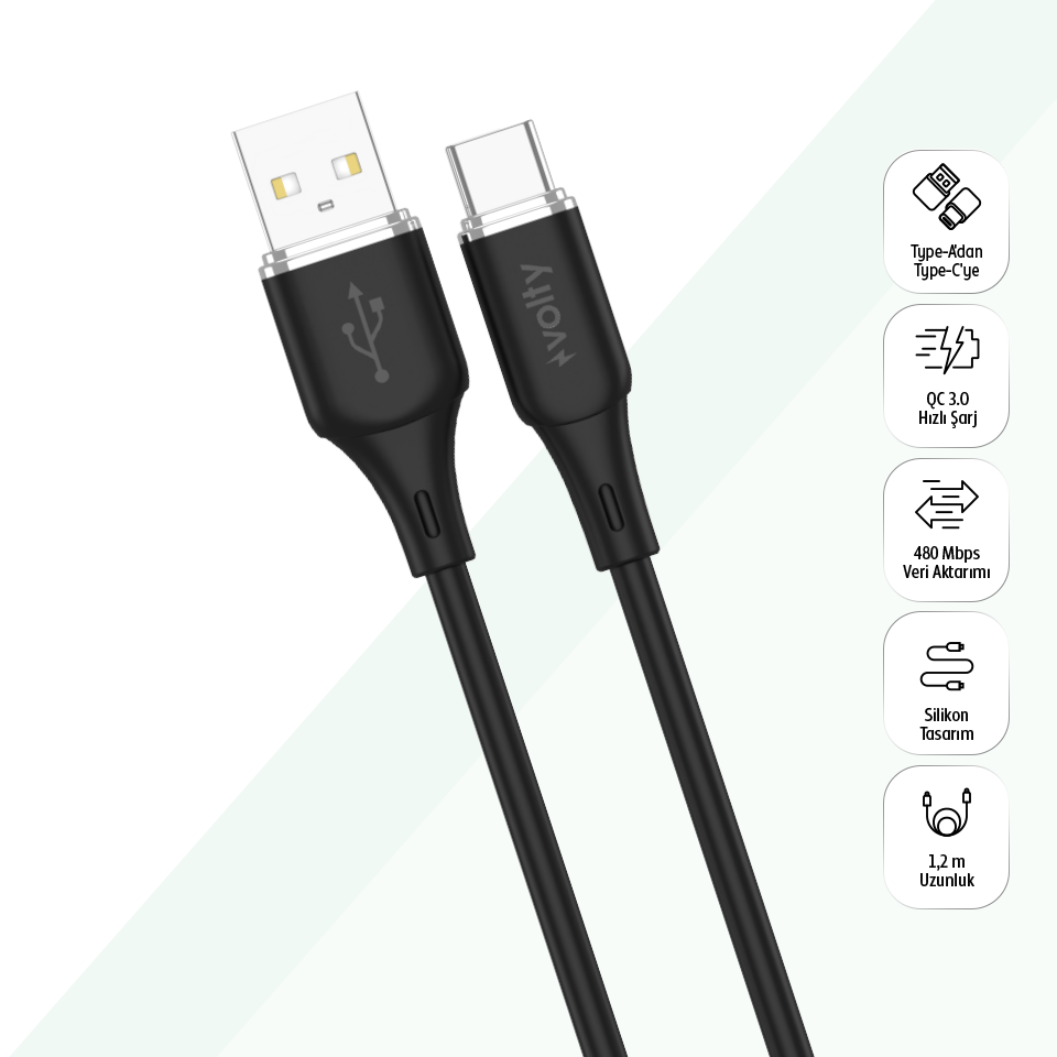 Volty USB-A to Type-C Hızlı Şarj Kablosu | 15W QC 3.0, 480Mbps, 1.2m, Data Kablosu (Siyah-V0203003)