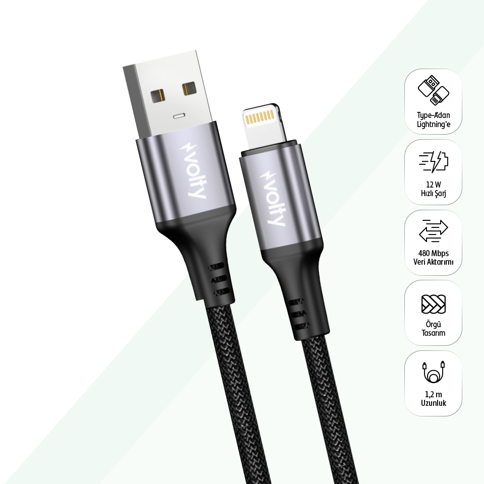Volty USB-A to Lightning Hızlı Şarj Kablosu | 12W, 480 Mbps, 1.2m, iPhone iPad Uyumlu (Siyah-V0205001)