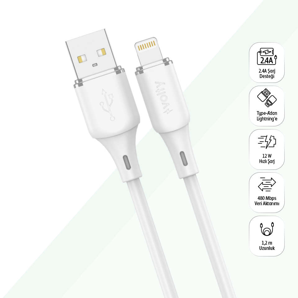 Volty USB-A to Lightning Hızlı Şarj Kablosu | 12W 2.4A, 480Mbps, 1.2m, iPhone, iPad Uyumlu (Beyaz-V205002)