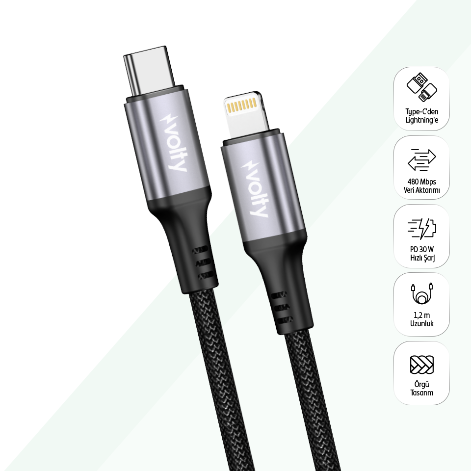 Volty USB-C to Lightning iPhone Şarj Kablosu | 30W PD Hızlı Şarj, 480Mbps, 1.2m, Örgü (V0207001)