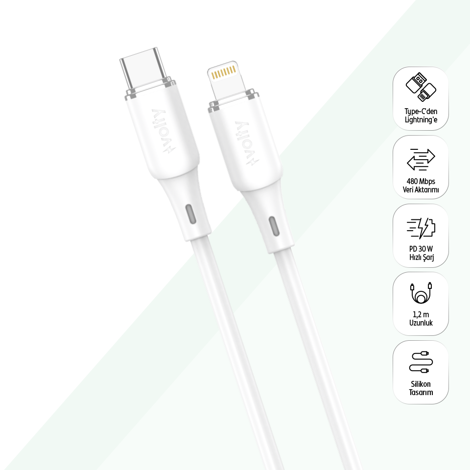 Volty Type-C to Lightning iPhone Şarj Kablosu | 30W PD Hızlı Şarj, 480Mbps, 1.2m (Beyaz-V0207002)
