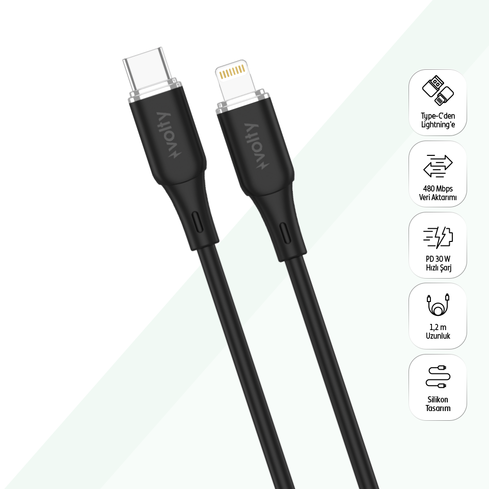 Volty Type-C to Lightning iPhone Şarj Kablosu | 30W PD Hızlı Şarj, 480Mbps, 1.2m, Manyetik Örgü (V0207004)