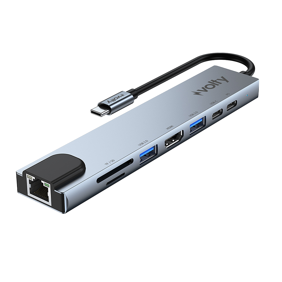 Volty Type-C Çoğaltıcı Hub 8 in 1 | 4K HDMI, 100W PD, Ethernet, SD/TF, USB 3.0 (V301001)