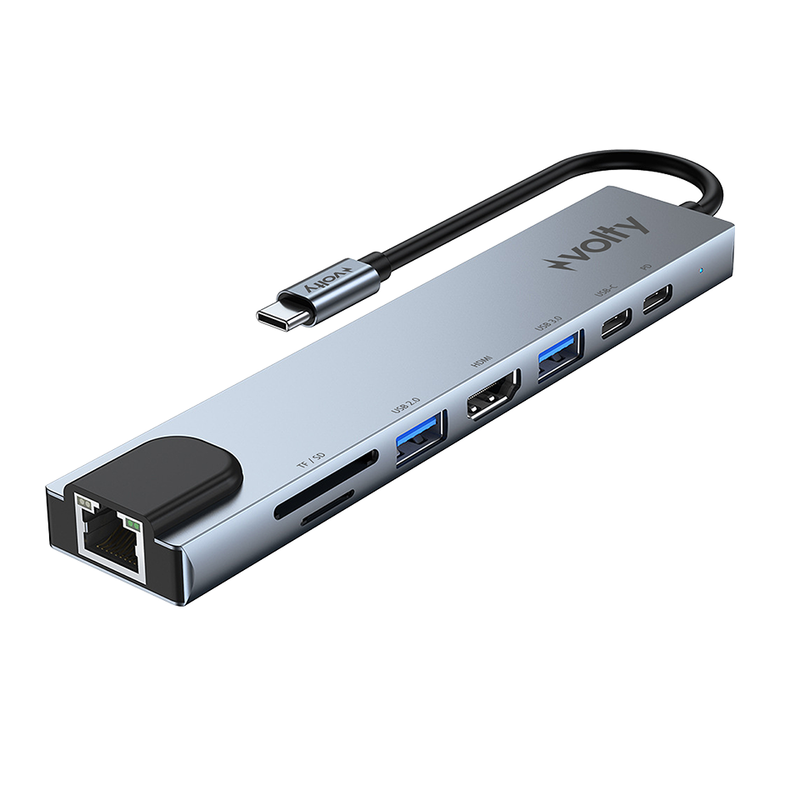 Volty Type-C Çoğaltıcı Hub 8 in 1 | 4K HDMI, 100W PD, Ethernet, SD/TF, USB 3.0 (V301001)