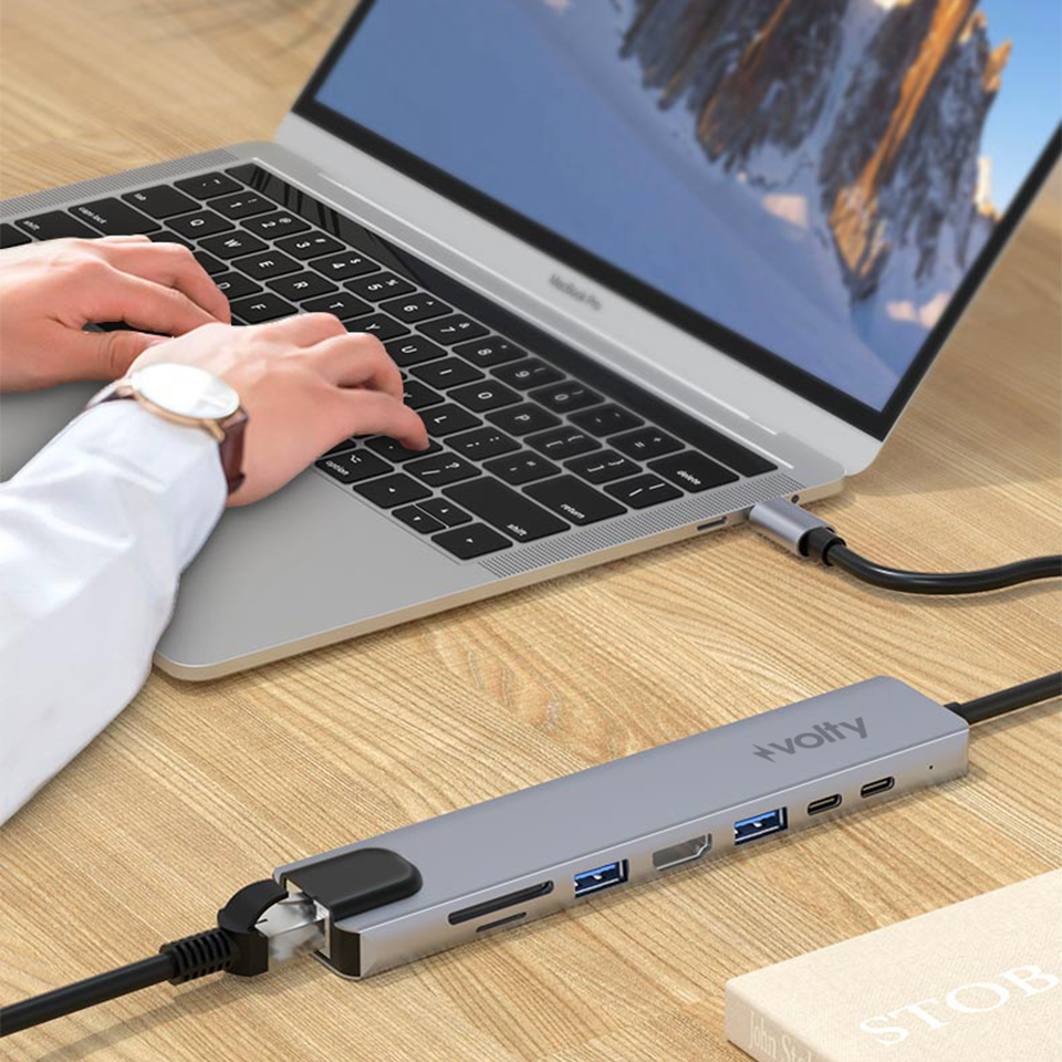 Volty Type-C Çoğaltıcı Hub 8 in 1 | 4K HDMI, 100W PD, Ethernet, SD/TF, USB 3.0 (V301001)