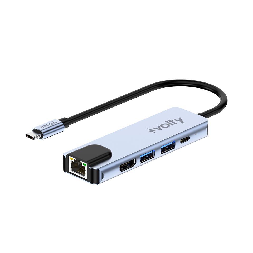 Volty Type-C Çoğaltıcı Hub 5 in 1 | 4K 30Hz HDMI, 100W PD, Ethernet, 2x USB 3.0 (V301002)