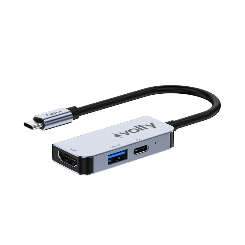 Volty Type-C Çoğaltıcı Hub 3 in 1 | 4K HDMI, 100W PD Hızlı Şarj, USB 3.0, Alüminyum Gövde (V0301003)
