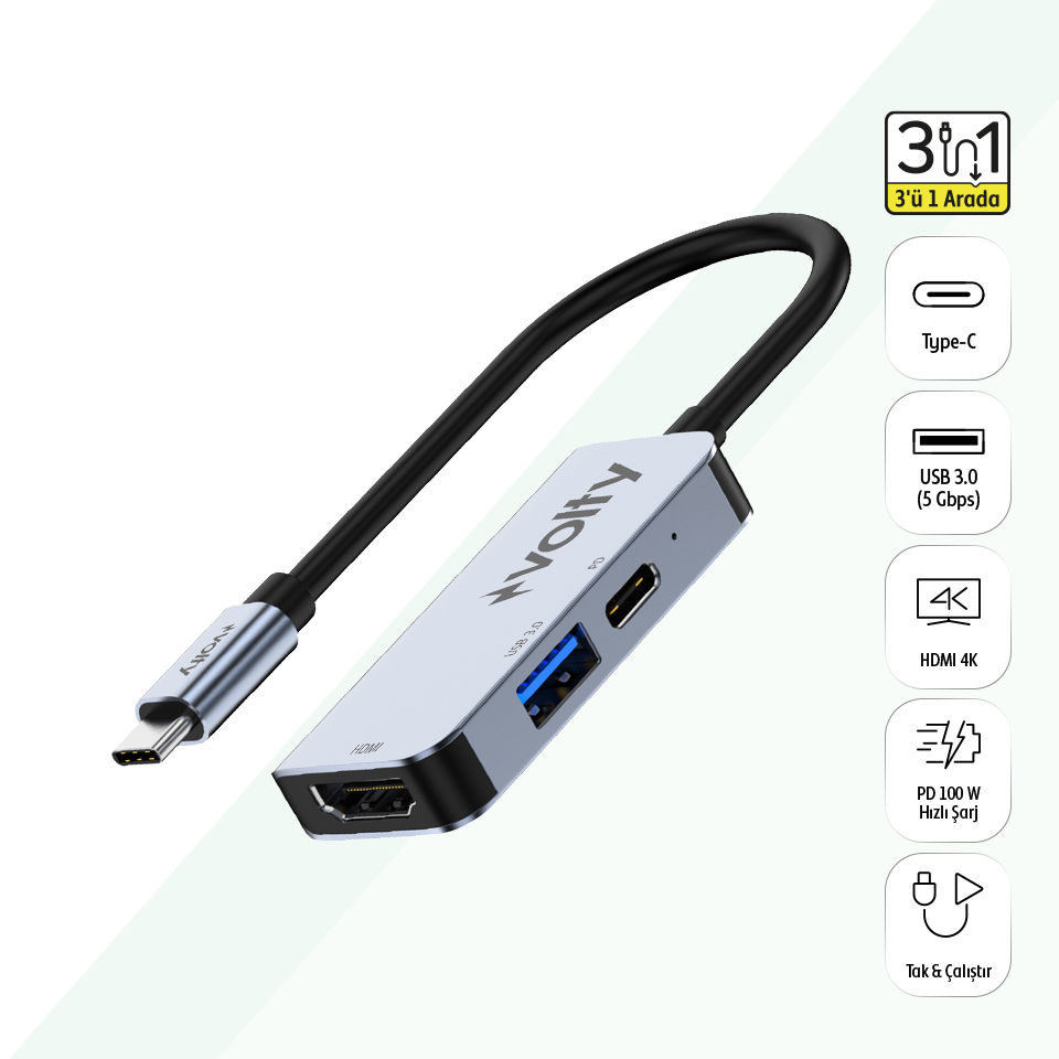 Volty Type-C Çoğaltıcı Hub 3 in 1 | 4K HDMI, 100W PD Hızlı Şarj, USB 3.0, Alüminyum Gövde (V0301003)
