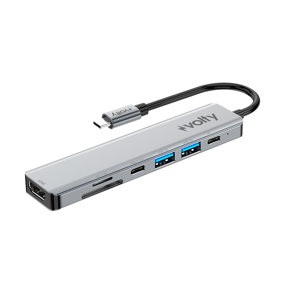 Volty Type-C Çoğaltıcı Hub 7 in 1 | 4K 30Hz HDMI, 100W PD Hızlı Şarj, SD/TF, USB 3.0, Alüminyum (V0301004)