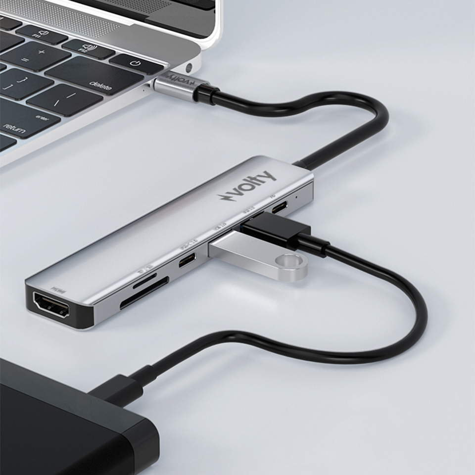 Volty Type-C Çoğaltıcı Hub 7 in 1 | 4K 30Hz HDMI, 100W PD Hızlı Şarj, SD/TF, USB 3.0, Alüminyum (V0301004)