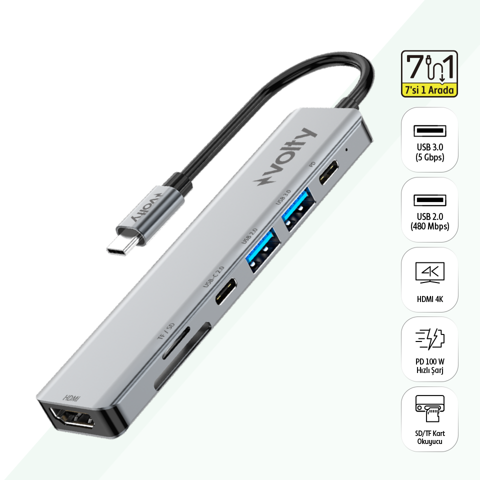 Volty Type-C Çoğaltıcı Hub 7 in 1 | 4K 30Hz HDMI, 100W PD Hızlı Şarj, SD/TF, USB 3.0, Alüminyum (V0301004)
