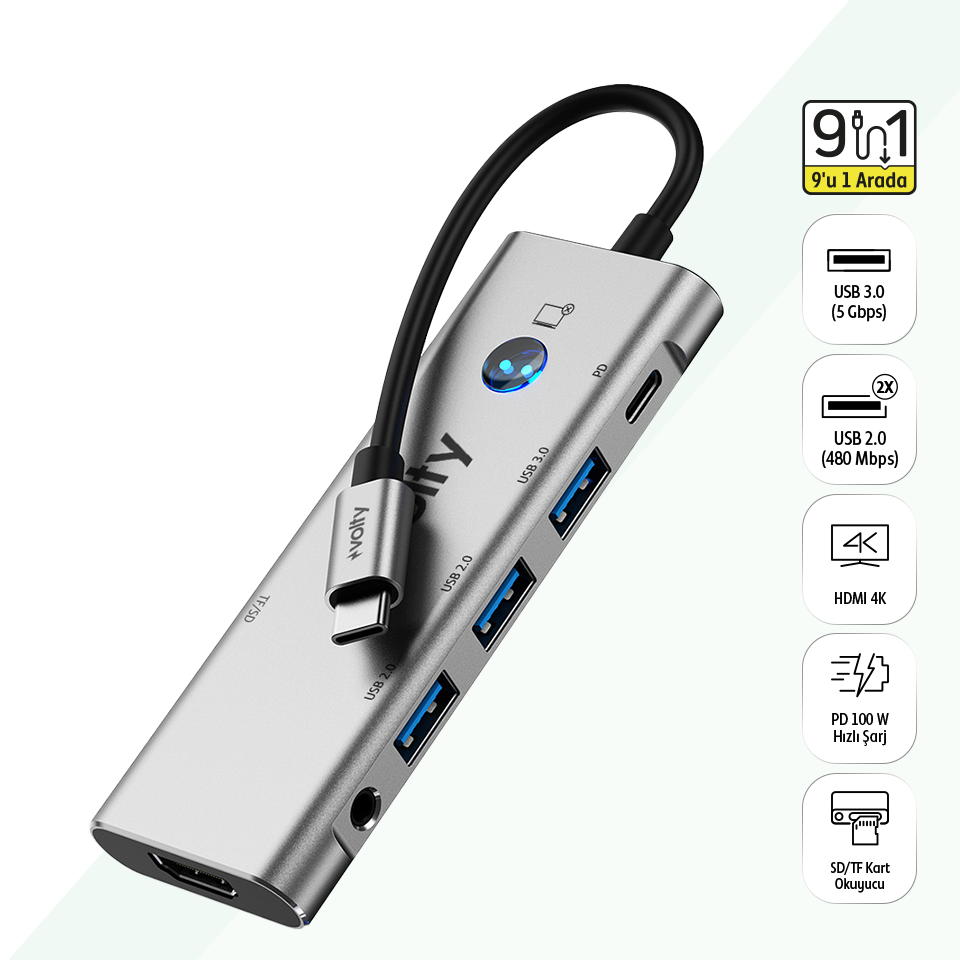 Volty Type-C to HDMI Çoğaltıcı Hub 6 in 1 | 4K 60Hz, 100W PD, Ses Portu, SD/TF (V0301006)