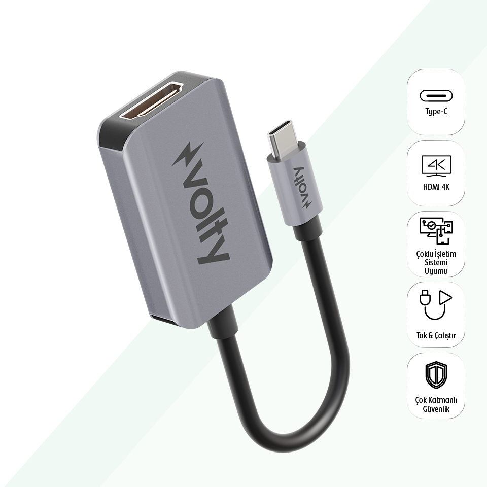 Volty Type-C to HDMI 4K 60Hz Görüntü Aktarıcı | Dönüştürücü, Alüminyum, CS5265 (V0302001)