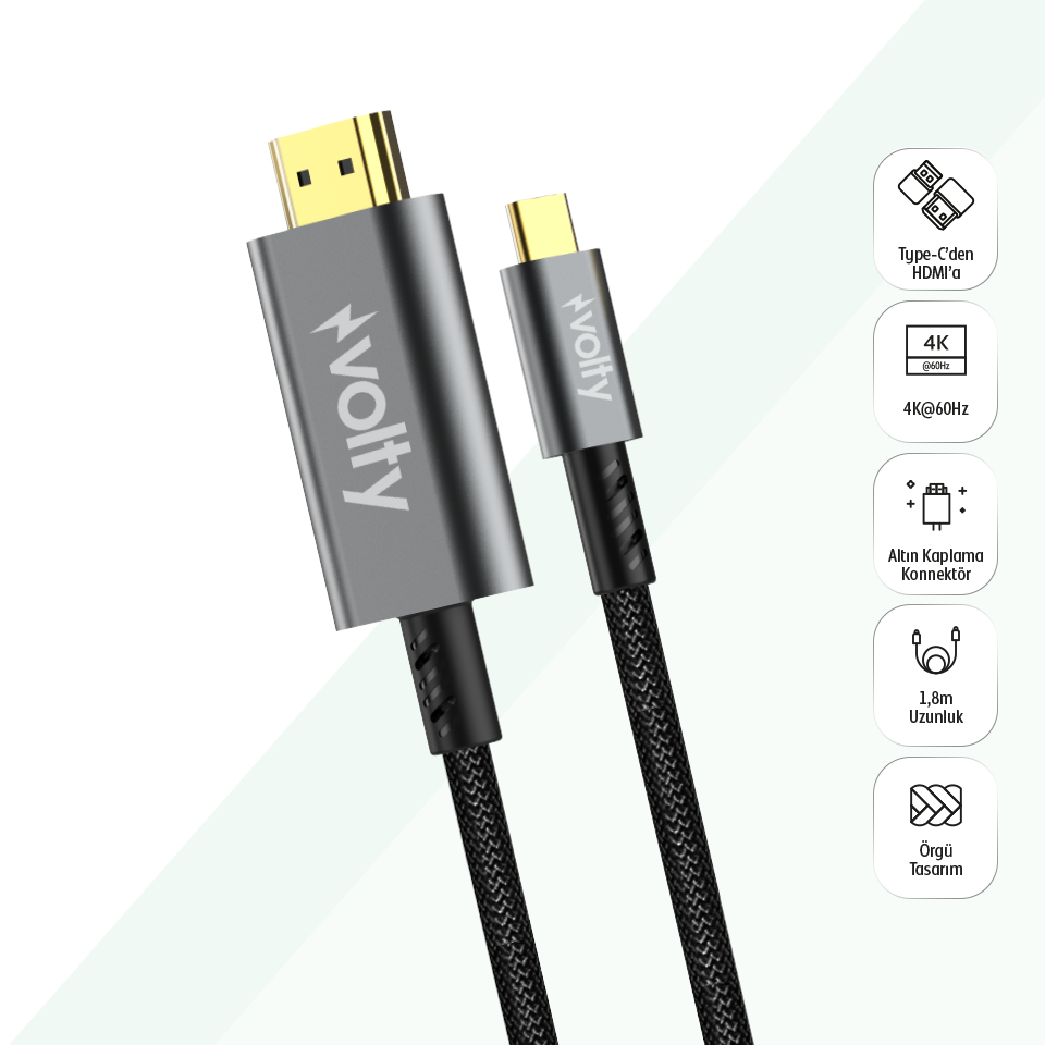 Volty Type-C to HDMI 4K 60Hz Görüntü Aktarıcı | 12Gbps, 1.8m, HDR, Örgü, Altın Uçlu (V0302003)